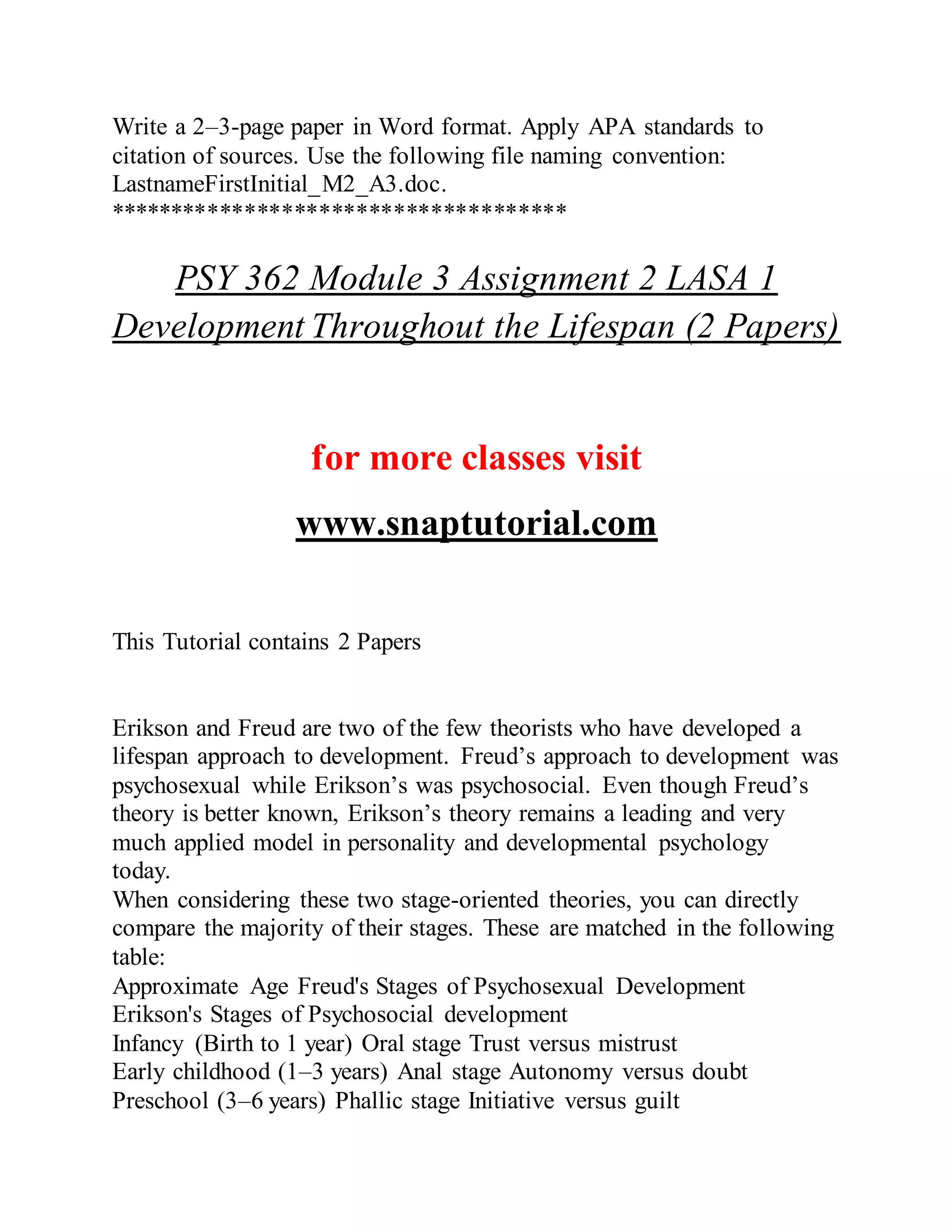 Write a 2–3-page paper in Word format. Apply APA standards to
citation of sources. Use the following file naming convention:
LastnameFirstInitial_M2_A3.doc.
*************************************
PSY 362 Module 3 Assignment 2 LASA 1
Development Throughout the Lifespan (2 Papers)
for more classes visit
www.snaptutorial.com
This Tutorial contains 2 Papers
Erikson and Freud are two of the few theorists who have developed a
lifespan approach to development. Freud’s approach to development was
psychosexual while Erikson’s was psychosocial. Even though Freud’s
theory is better known, Erikson’s theory remains a leading and very
much applied model in personality and developmental psychology
today.
When considering these two stage-oriented theories, you can directly
compare the majority of their stages. These are matched in the following
table:
Approximate Age Freud's Stages of Psychosexual Development
Erikson's Stages of Psychosocial development
Infancy (Birth to 1 year) Oral stage Trust versus mistrust
Early childhood (1–3 years) Anal stage Autonomy versus doubt
Preschool (3–6 years) Phallic stage Initiative versus guilt
 