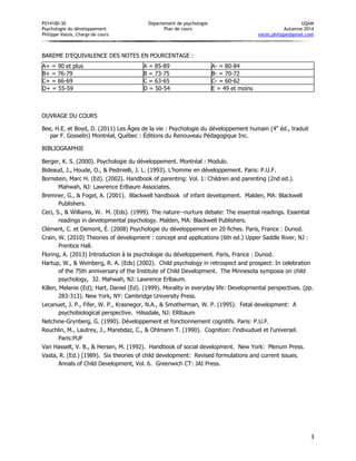 PSY4100-30 Département de psychologie UQÀM 
Psychologie du développement Plan de cours Automne 2014 
Philippe Valois, Chargé de cours valois.philippe@gmail.com 
3 
BAREME D'EQUIVALENCE DES NOTES EN POURCENTAGE : 
A+ = 90 et plus 
A = 85-89 
A- = 80-84 
B+ = 76-79 
B = 73-75 
B- = 70-72 
C+ = 66-69 
C = 63-65 
C- = 60-62 
D+ = 55-59 
D = 50-54 
E = 49 et moins 
OUVRAGE DU COURS 
Bee, H.E. et Boyd, D. (2011) Les Âges de la vie : Psychologie du développement humain (4e éd., traduit par F. Gosselin) Montréal, Québec : Éditions du Renouveau Pédagogique Inc. 
BIBLIOGRAPHIE 
Berger, K. S. (2000). Psychologie du développement. Montréal : Modulo. 
Bideaud, J., Houde, O., & Pedinielli, J. L. (1993). L'homme en développement. Paris: P.U.F. 
Bornstein, Marc H. (Ed). (2002). Handbook of parenting: Vol. 1: Children and parenting (2nd ed.). Mahwah, NJ: Lawrence Erlbaum Associates. 
Bremner, G., & Fogel, A. (2001). Blackwell handbook of infant development. Malden, MA: Blackwell Publishers. 
Ceci, S., & Williams, W. M. (Eds). (1999). The nature--nurture debate: The essential readings. Essential readings in developmental psychology. Malden, MA: Blackwell Publishers. 
Clément, C. et Demont, É. (2008) Psychologie du développement en 20 fiches. Paris, France : Dunod. 
Crain, W. (2010) Theories of development : concept and applications (6th ed.) Upper Saddle River, NJ : Prentice Hall. 
Floring, A. (2013) Introduction à la psychologie du développement. Paris, France : Dunod. 
Hartup, W., & Weinberg, R. A. (Eds) (2002). Child psychology in retrospect and prospect: In celebration of the 75th anniversary of the Institute of Child Development. The Minnesota symposia on child psychology, 32. Mahwah, NJ: Lawrence Erlbaum. 
Killen, Melanie (Ed); Hart, Daniel (Ed). (1999). Morality in everyday life: Developmental perspectives. (pp. 283-313). New York, NY: Cambridge University Press. 
Lecanuet, J. P., Fifer, W. P., Krasnegor, N.A., & Smotherman, W. P. (1995). Fetal development: A psychobiological perspective. Hilssdale, NJ: ERlbaum 
Netchine-Grynberg, G. (1990). Développement et fonctionnement cognitifs. Paris: P.U.F. 
Reuchlin, M., Lautrey, J., Marebdaz, C., & Ohlmann T. (1990). Cognition: l’indivuduel et l’universel. Paris:PUF 
Van Hasselt, V. B., & Hersen, M. (1992). Handbook of social development. New York: Plenum Press. 
Vasta, R. (Ed.) (1989). Six theories of child development: Revised formulations and current issues. Annals of Child Development, Vol. 6. Greenwich CT: JAI Press.  