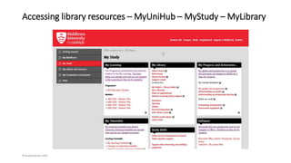 Accessing library resources – MyUniHub – MyStudy – MyLibrary
Presentation title
 