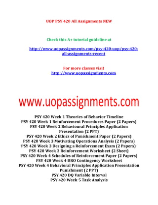 UOP PSY 420 All Assignments NEW
Check this A+ tutorial guideline at
http://www.uopassignments.com/psy-420-uop/psy-420-
all-assignments-recent
For more classes visit
http://www.uopassignments.com
PSY 420 All Assignments NEW
PSY 420 Week 1 Theories of Behavior Timeline
PSY 420 Week 1 Reinforcement Procedures Paper (2 Papers)
PSY 420 Week 2 Behavioural Principles Application
Presentation (2 PPT)
PSY 420 Week 2 Ethics of Punishment Paper (2 Papers)
PSY 420 Week 3 Motivating Operations Analysis (2 Papers)
PSY 420 Week 3 Designing a Reinforcement Exam (2 Papers)
PSY 420 Week 3 Reinforcement Worksheet (2 Sheet)
PSY 420 Week 4 Schedules of Reinforcement Paper (2 Papers)
PSY 420 Week 4 DRO Contingency Worksheet
PSY 420 Week 4 Behavioral Principles Application Presentation
Punishment (2 PPT)
PSY 420 DQ Variable Interval
PSY 420 Week 5 Task Analysis
 