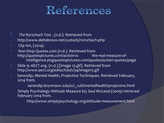 

The Rorschach Test .(n.d.).Retrievedfrom

http://www.deltabravo.net/custody/rorschach.php

ClipArt,(2014).

Non-StopQuotes.com(n.d.).Retrievedfrom
http://quotespictures.com/action-isthe-real-measure-ofintelligencepngquotespictures.com/quotes/action-quotes/page

ݺߣ9:AECT.org.(n.d.)[image13.gif].Retrievedfrom
http://www.aect.org/edtech/ed1/34/Image13.gif

Serendip,MentalHealth,ProjectiveTechniques.RetrievedFebruary,
2014from.
serendip.brynmawr.edu/sci_cult/mentalhealth/projective.html
SimplyPsychologyAttitudeMeasureby;SaulMcLeod(2009)retrieved
February2014from.
http://www.simplypsychology.org/attitude-measurement.html


 