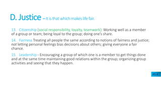 D. Justice –Itisthatwhichmakeslifefair.
13. Citizenship [social responsibility, loyalty, teamwork]: Working well as a member
of a group or team; being loyal to the group; doing one’s share.
14. Fairness Treating all people the same according to notions of fairness and justice;
not letting personal feelings bias decisions about others; giving everyone a fair
chance.
15. Leadership - Encouraging a group of which one is a member to get things done
and at the same time maintaining good relations within the group; organizing group
activities and seeing that they happen.
A5.4
 