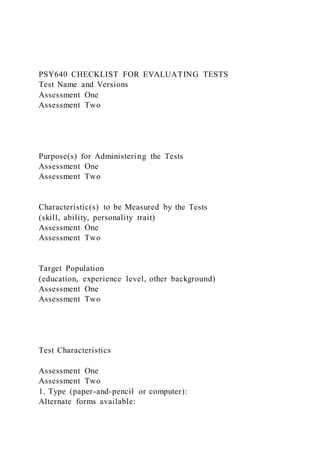 PSY640 CHECKLIST FOR EVALUATING TESTS
Test Name and Versions
Assessment One
Assessment Two
Purpose(s) for Administering the Tests
Assessment One
Assessment Two
Characteristic(s) to be Measured by the Tests
(skill, ability, personality trait)
Assessment One
Assessment Two
Target Population
(education, experience level, other background)
Assessment One
Assessment Two
Test Characteristics
Assessment One
Assessment Two
1. Type (paper-and-pencil or computer):
Alternate forms available:
 