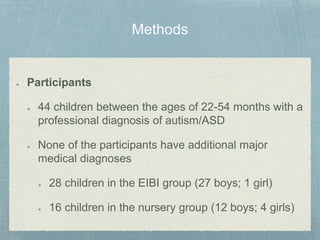 Participants
44 children between the ages of 22-54 months with a
professional diagnosis of autism/ASD
None of the participants have additional major
medical diagnoses
28 children in the EIBI group (27 boys; 1 girl)
16 children in the nursery group (12 boys; 4 girls)
 