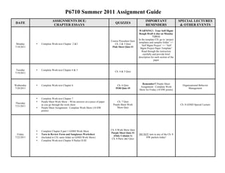 P6710 Summer 2011 Assignment Guide
                         ASSIGNMENTS DUE:                                                                  IMPORTANT                       SPECIAL LECTURES
DATE                                                                            QUIZZES
                          CHAPTER ESSAYS                                                                   REMINDERS                        & OTHER EVENTS
                                                                                                     WARNING!: Your Self-Mgmt
                                                                                                     Rough Draft is due on Monday
                                                                                                                   7/25/11
                                                                                                     In the template CD, go to ‘project
                                                                             Course Procedure Quiz
                                                                                                     templates and samples folder’ =>
 Monday     •   Complete Work-text Chapter 2 &3                                 Ch. 2 & 3 Quiz
                                                                                                       ‘Self Mgmt Project’ => “Self
7/18/2011                                                                     Pink Sheet Quiz #1
                                                                                                      Mgmt Project Paper Template”
                                                                                                        Read through the instruction
                                                                                                         carefully and provide brief
                                                                                                     description for each section of the
                                                                                                                    paper


 Tuesday    •   Complete Work-text Chapter 4 & 5
                                                                                Ch. 4 & 5 Quiz
7/19/2011



                                                                                                       Remember!! Purple Sheet
Wednesday   •   Complete Work-text Chapter 6                                      Ch. 6 Quiz                                                 Organizational Behavior
                                                                                                      Assignment: Complete Work
7/20/2011                                                                        POB Quiz #5                                                      Management
                                                                                                     Show for Friday (10 HW points)


            •   Complete Work-text Chapter 7
            •   Purple Sheet Work Show – Write answers on a piece of paper        Ch. 7 Quiz
Thursday
                as you go through the work show                                Purple Sheet Work                                            Ch. 8 GDSD Special Lecture
7/21/2011
            •   Purple Sheet Assignment: Complete Work Show (10 HW                Show Quiz
                points)




                                                                             Ch. 8 Work Show Quiz
            •   Complete Chapter 8 part 1 GDSD Work Show
                                                                             Purple Sheet Quiz #1
  Friday    •   Turn in Review Form and Sunglasses Worksheet                                         DO NOT turn in any of the Ch. 8
                                                                               (Only Column 1)
7/22/2011   •   (Included in CD, same folder as GDSD Work Show)                                           HW packets today!
                                                                              Ch. 8 Parts 2&3 Quiz
            •   Complete Work-text Chapter 8 Packet II-III
 