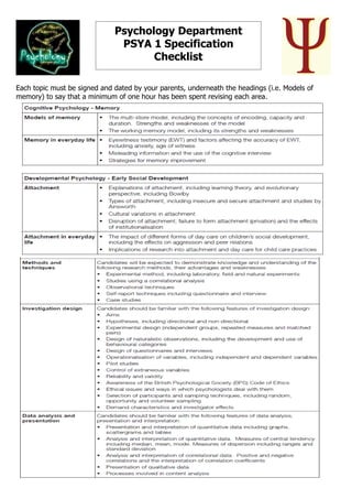 Psychology Department
                               PSYA 1 Specification
                                     Checklist

Each topic must be signed and dated by your parents, underneath the headings (i.e. Models of
memory) to say that a minimum of one hour has been spent revising each area.
 
