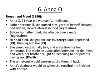 6. Anna O
Breuer and Freud (1896):
• Anna O, 21 year old woman. V. Intellectual.
• Father became ill, she nursed him, got sick herself, became
  bed ridden, lacked interest in food (regression).
• Before her father died, she also became a mute
  (regression)
• Her dad died, she got anxious (superego) and depressed
  (ID). Then, aggressive (ID).
• She would occasionally talk, and make links for her
  symptoms. She made an association between her deafness
  and when her brother caught her listening to her parents
  having sex. (Phallic)
• The symptoms would worsen as she thought back.
• Anna’s deafness would go when she recalled the incident
  with her Bro.
 