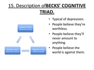 15. Description ofBECKS’ COGNITIVE
                 TRIAD.
                                                  • Typical of depression.
                                                  • People believe they’re
                Negative views
               about the world                      worthless.
                                                  • People believe they’ll
                                                    never amount to
                                                    anything.
 Negative views                  Negative views
                                                  • People believe the
about the future                 about oneself
                                                    world is against them.
 