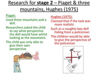 Research for stage 2 – Piaget & three
mountains, Hughes (1975)
Piaget:
Used three mountains and a
doll.
Researchers asked the child
to say what perspective
the doll would have whilst
looking at the mountains
The child was only able to
give their own
perspective
Hughes (1975):
Claimed that if the task was
more realistic
Such as a naughty boy doll
hiding from a policeman
The children would be able
to give the perspective of
the policeman
 