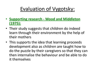 Evaluation of Vygotsky:
• Supporting research - Wood and Middleton
(1975):
• Their study suggests that children do indeed
learn through their environment by the help of
their mothers
• This supports the idea that learning proceeds
development also as children are taught how to
do the puzzle by their caregivers so that they can
then internalise the behaviour and be able to do
it themselves
 