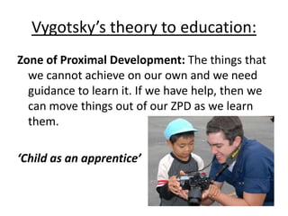 Vygotsky’s theory to education:
Zone of Proximal Development: The things that
we cannot achieve on our own and we need
guidance to learn it. If we have help, then we
can move things out of our ZPD as we learn
them.
‘Child as an apprentice’
 