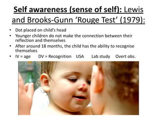 Self awareness (sense of self): Lewis
and Brooks-Gunn ‘Rouge Test’ (1979):
• Dot placed on child’s head
• Younger children do not make the connection between their
reflection and themselves
• After around 18 months, the child has the ability to recognise
themselves
• IV = age DV = Recognition USA Lab study Overt obs.
 