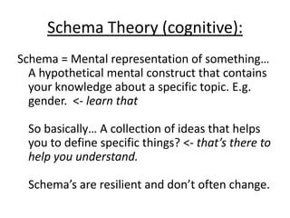 Schema theory – Martin and
Halverson (1981):
Gender schemas – Organised sets of beliefs
and expectations about males and females
that guide information processing
In-group/out-group– One’s general
knowledge of the
mannerisms, roles, activities, and
behaviours that characterise males and
females
Own-sex schema – Detailed knowledge or
plans of action that enable a person to
perform gender-consistent activities and to
enact his/her gender role.
 