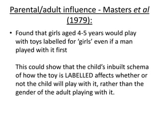Peer influence – Lamb et al (1980):
• Children prefer to associate with same-gender
peers, pursuing same-gender activities. If
not, there’s often social punishment.
 