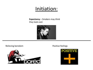 Initiation:
Expectancy – Smokers may think
they look cool.
Relieving boredom Positive feelings
 