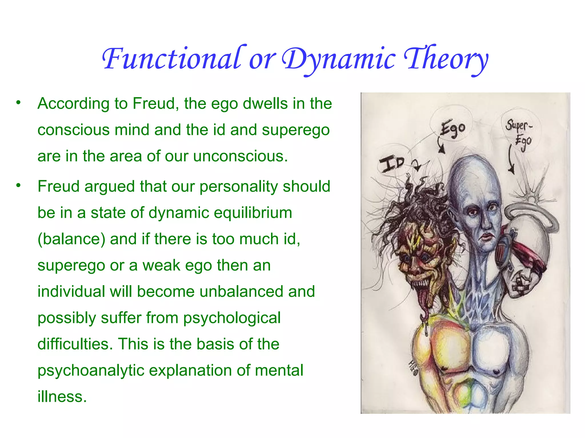 Functional or Dynamic Theory
•   According to Freud, the ego dwells in the
    conscious mind and the id and superego
    are in the area of our unconscious.
•   Freud argued that our personality should
    be in a state of dynamic equilibrium
    (balance) and if there is too much id,
    superego or a weak ego then an
    individual will become unbalanced and
    possibly suffer from psychological
    difficulties. This is the basis of the
    psychoanalytic explanation of mental
    illness.
 