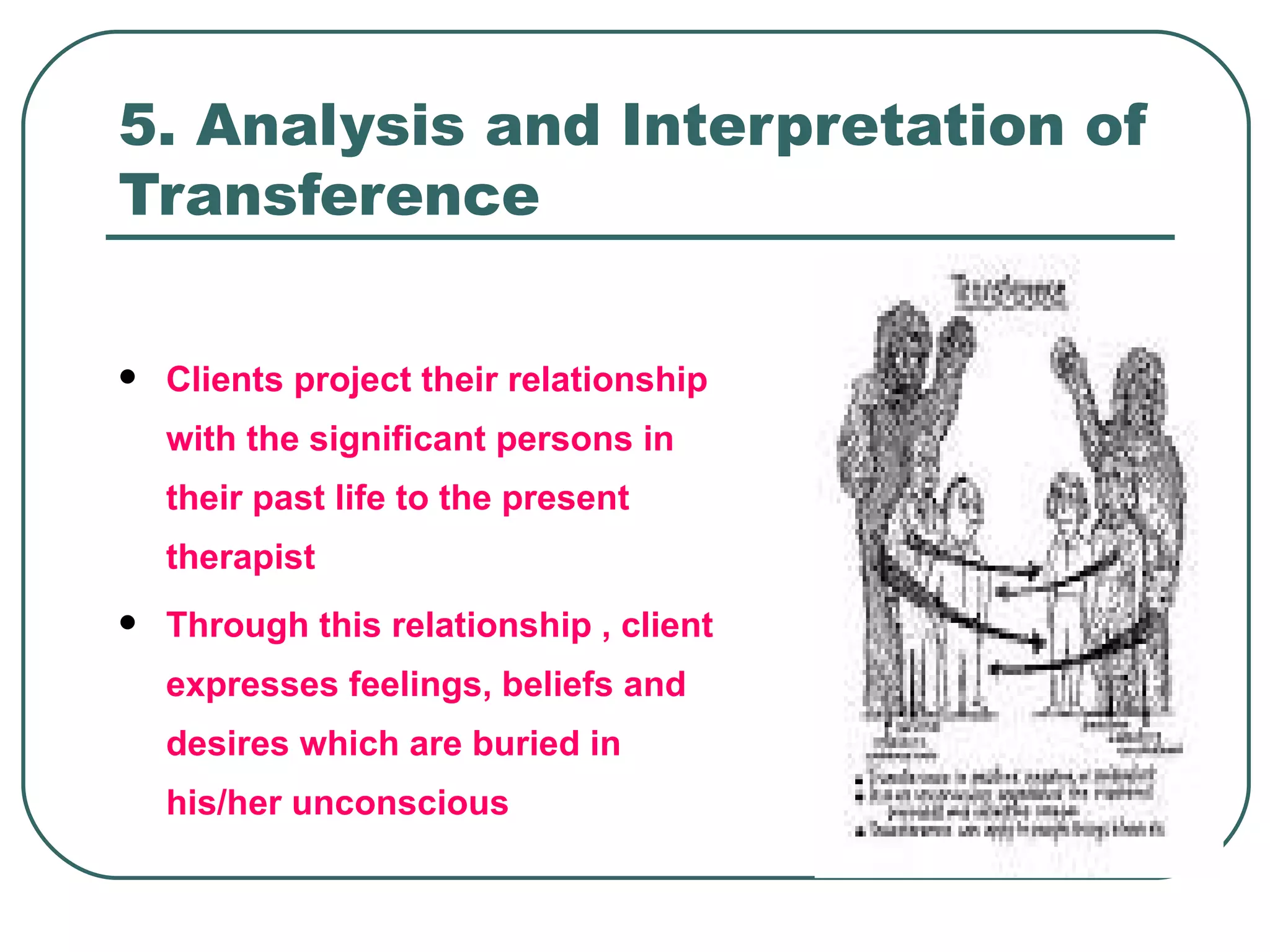 5. Analysis and Interpretation of
Transference

   Clients project their relationship
    with the significant persons in
    their past life to the present
    therapist
   Through this relationship , client
    expresses feelings, beliefs and
    desires which are buried in
    his/her unconscious
 
