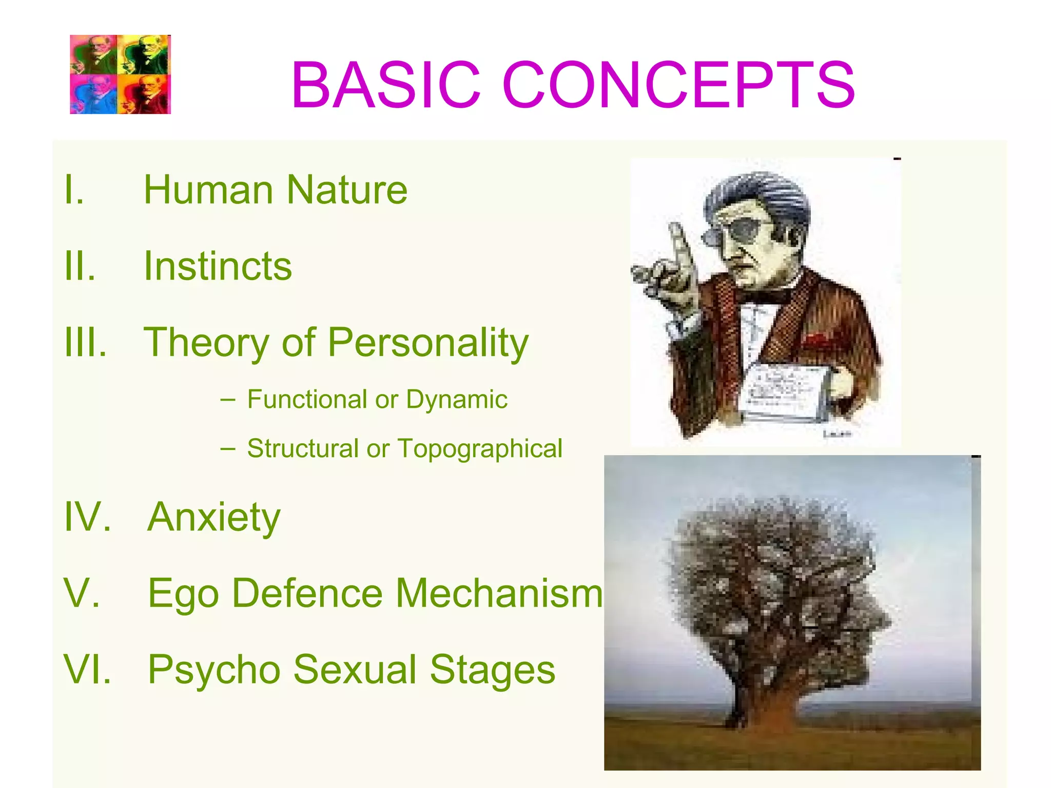 BASIC CONCEPTS
I.    Human Nature
II.   Instincts
III. Theory of Personality
          – Functional or Dynamic
          – Structural or Topographical

IV. Anxiety
V.    Ego Defence Mechanisms
VI. Psycho Sexual Stages
 