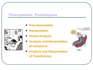 T her apeutic Techniques


           Free Association
           Interpretation
           Dream Analysis
           Analysis and Interpretation
            of resistance
           Analysis and Interpretation
            of Transference
 