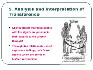 5. Analysis and Interpretation of
Transference

   Clients project their relationship
    with the significant persons in
    their past life to the present
    therapist
   Through this relationship , client
    expresses feelings, beliefs and
    desires which are buried in
    his/her unconscious
 