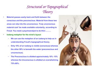 Structural or Topographical
                                       Theory
•   Material passes easily back and forth between the
    conscious and the preconscious. Material from these two
    areas can slip into the unconscious. Truly unconscious
    material cant’ be made available voluntarily, according to
    Freud. You need a psychoanalyst to do this!...........

•   Iceberg metaphor for the mind’s layout:

     –   We can use the metaphor of an iceberg to help us in
         understanding Freud's topographical theory.

     –   Only 10% of an iceberg is visible (conscious) whereas
         the other 90% is beneath the water (preconscious and
         unconscious).

     –   The Preconscious is allotted approximately 10% -15%
         whereas the Unconscious is allotted an overwhelming
         75%-80%.
 