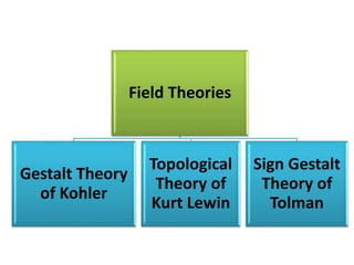 Field Theories
Gestalt Theory
of Kohler
Topological
Theory of
Kurt Lewin
Sign Gestalt
Theory of
Tolman
 