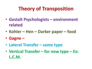 Theory of Transposition
• Gestalt Psychologists – environment
related
• Kohler – Hen – Darker paper – food
• Gagne –
• Lateral Transfer – same type
• Vertical Transfer – for new type – Ex:
L.C.M.
 