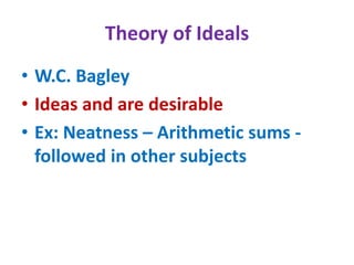 Theory of Ideals
• W.C. Bagley
• Ideas and are desirable
• Ex: Neatness – Arithmetic sums -
followed in other subjects
 