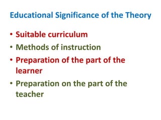 Educational Significance of the Theory
• Suitable curriculum
• Methods of instruction
• Preparation of the part of the
learner
• Preparation on the part of the
teacher
 
