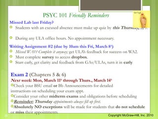 PSYC 101 Friendly Reminders
     Missed Lab last Friday?
      Students with an excused absence must make up quiz by this...