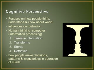 • Focuses on how people think,
understand & know about world
• influences our behavior
• Human thinking=computer
(information processing)
1. Takes in information
2. Transforms
3. Stores
4. Retrieves
• how people make decisions,
patterns & irregularities in operation
of minds
 