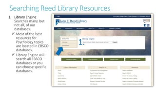 Searching Reed Library Resources
1. Library Engine:
Searches many, but
not all, of our
databases.
 Most of the best
resources for
Psychology topics
are located in EBSCO
databases.
 Library Engine will
search all EBSCO
databases or you
can choose specific
databases.
 