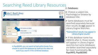 Searching Reed Library Resources2. Databases:
 Choose a subject (ex.
Psychology) or browse by
database title.
 Some databases must be
searched separately because
their results do not appear in
Library Engine Searches.
*ScienceDirect results now appear in
Library Engine results!
 If the database name has
(EBSCO) after it, those results
will appear in Library Engine
searches but some databases
are better searched separately
for more functionality. Ex.
PsycINFO, PsycBOOKS
In PsycBOOKS, you can search all text within books if you
choose to search the database by itself but this does not
work if you search in the combined database.
 