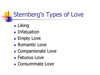 Sternberg’s Types of Love 
 Liking 
 Infatuation 
 Empty Love 
 Romantic Love 
 Companionate Love 
 Fatuous Love 
 Consummate Love 
 