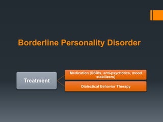 Borderline Personality Disorder


             Medication (SSRIs, anti-psychotics, mood
                           stabilizers)
 Treatment
                   Dialectical Behavior Therapy
 