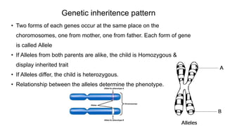 • Two forms of each genes occur at the same place on the
choromosomes, one from mother, one from father. Each form of gene
is called Allele
• If Alleles from both parents are alike, the child is Homozygous &
display inherited trait
• If Alleles differ, the child is heterozygous.
• Relationship between the alleles determine the phenotype.
Genetic inheritence pattern
 