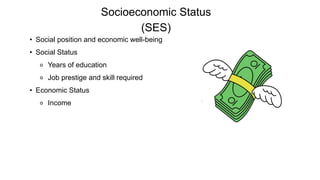 Socioeconomic Status
(SES)
• Social position and economic well-being
• Social Status
⚬ Years of education
⚬ Job prestige and skill required
• Economic Status
⚬ Income
 