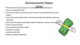 Socioeconomic Status
(SES)
• SES linked with timing and duration of marriage, parenthood & family size
• Values and expectations differ
• Construction workers, truck drivers tend to marry and have child earlier & have more
children
• Lower SES parents expect children external characteristics like obedience, politeness,
cleanliness
• High SES parents expect psychological traits like happiness, curiosity, social maturity
• Father’s involvement differ
• Communication and discipline styles
• Authoritrian low SES
• Authoritative high SES
• Children’s cognitive development
 