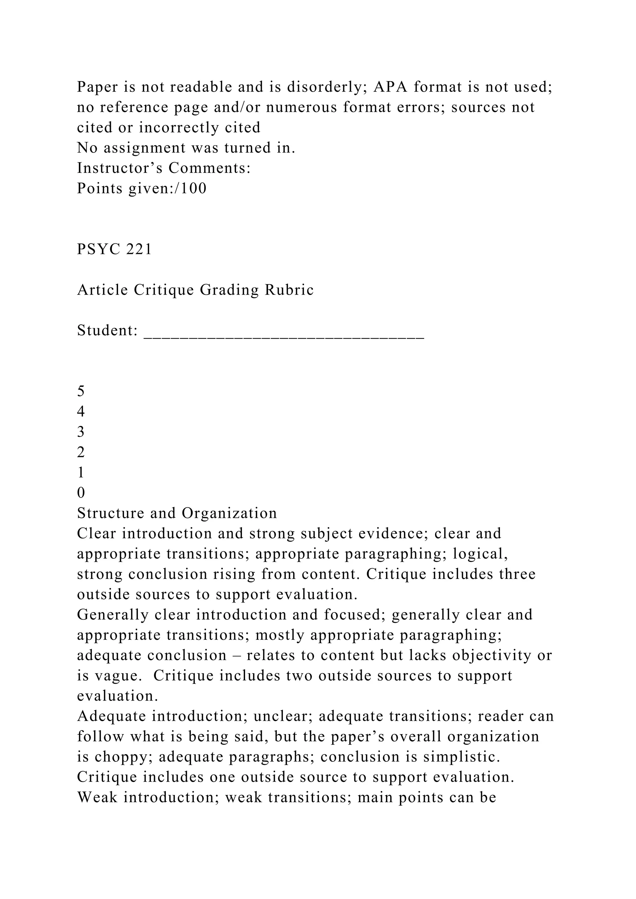 Paper is not readable and is disorderly; APA format is not used;
no reference page and/or numerous format errors; sources not
cited or incorrectly cited
No assignment was turned in.
Instructor’s Comments:
Points given:/100
PSYC 221
Article Critique Grading Rubric
Student: _______________________________
5
4
3
2
1
0
Structure and Organization
Clear introduction and strong subject evidence; clear and
appropriate transitions; appropriate paragraphing; logical,
strong conclusion rising from content. Critique includes three
outside sources to support evaluation.
Generally clear introduction and focused; generally clear and
appropriate transitions; mostly appropriate paragraphing;
adequate conclusion – relates to content but lacks objectivity or
is vague. Critique includes two outside sources to support
evaluation.
Adequate introduction; unclear; adequate transitions; reader can
follow what is being said, but the paper’s overall organization
is choppy; adequate paragraphs; conclusion is simplistic.
Critique includes one outside source to support evaluation.
Weak introduction; weak transitions; main points can be
 