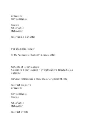processes
Environmental
Events
Observable
Behaviour
Intervening Variables
For example; Hunger
Is the ‘concept of hunger’ measureable?
Schools of Behaviourism
Cognitive Behaviourism = overall pattern directed at an
outcome
Edward Tolman had a more molar or gestalt theory
Internal cognitive
processes
Environmental
Events
Observable
Behaviour
Internal Events
 