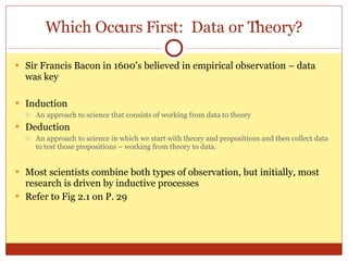 Which Occurs First:  Data or Theory? Sir Francis Bacon in 1600’s believed in empirical observation – data was key Induction An approach to science that consists of working from data to theory Deduction An approach to science in which we start with theory and propositions and then collect data to test those propositions – working from theory to data. Most scientists combine both types of observation, but initially, most research is driven by inductive processes Refer to Fig 2.1 on P. 29 