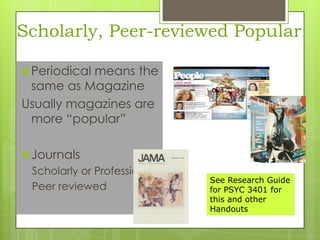 Scholarly, Peer-reviewed Popular
 Periodical

means the
same as Magazine
Usually magazines are
more “popular”
 Journals

Scholarly or Professional
Peer reviewed

See Research Guide
for PSYC 3401 for
this and other
Handouts

 