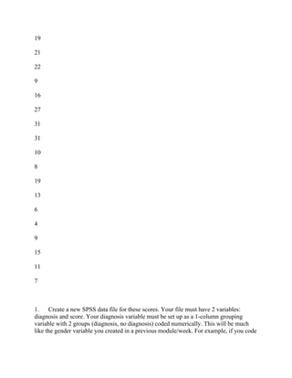 19
21
22
9
16
27
31
31
10
8
19
13
6
4
9
15
11
7
1. Create a new SPSS data file for these scores. Your file must have 2 variables:
diagnosis and score. Your diagnosis variable must be set up as a 1-column grouping
variable with 2 groups (diagnosis, no diagnosis) coded numerically. This will be much
like the gender variable you created in a previous module/week. For example, if you code
 