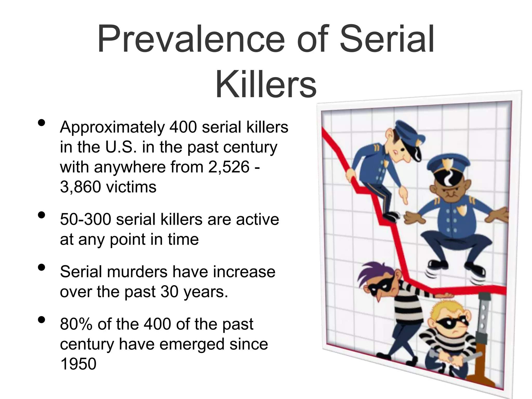 Prevalence of Serial KillersApproximately 400 serial killers in the U.S. in the past century with anywhere from 2,526 - 3,860 victims50-300 serial killers are active at any point in timeSerial murders have increase over the past 30 years. 80% of the 400 of the past century have emerged since 1950