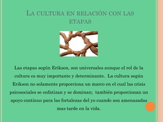 LA CULTURA EN RELACIÓN CON LAS
ETAPAS
Las etapas según Erikson, son universales aunque el rol de la
cultura es muy importante y determinante. La cultura según
Erikson no solamente proporciona un marco en el cual las crisis
psicosociales se enfatizan y se dominan; también proporcionan un
apoyo continuo para las fortalezas del yo cuando son amenazadas
mas tarde en la vida.
 