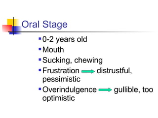 Oral Stage 0-2 years old Mouth Sucking, chewing Frustration  distrustful, pessimistic Overindulgence  gullible, too optimistic 
