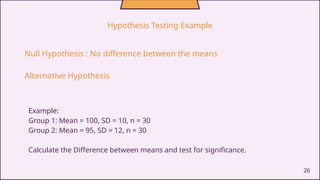 26
Hypothesis Testing Example
Null Hypothesis : No difference between the means
Alternative Hypothesis
Example:
Group 1: Mean = 100, SD = 10, n = 30
Group 2: Mean = 95, SD = 12, n = 30
Calculate the Difference between means and test for significance.
 
