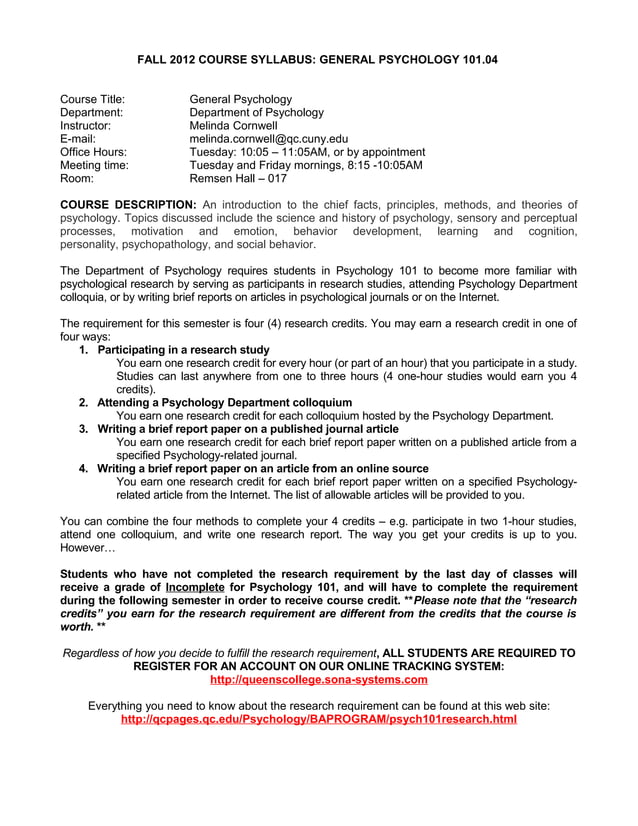 Psych 101 general psychology syllabus fall 2012 queens college PDF