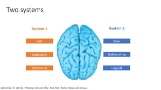 System 1
Automatic
Fast
Logical
Deliberative
Slow
System 2
Emotional
Kahneman, D. (2011). Thinking, Fast and Slow. New York: Farrar, Straus and Giroux.
Two systems
 