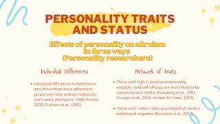 PERSONALITY TRAITS
AND STATUS
Individual Differences
Individual differences in helpfulness
and shown that those differences
persist over time and are noticed by
one’s peers (Hampson, 1984; Penner,
2002; Rushton et al., 1981).
Network of Traits
Those with high in positive emotionality,
empathy, and self-efficacy are most likely to be
concerned and helpful (Eisenberg et al., 1991;
Krueger et al., 2001; Walker & Frimer, 2007).
Those with callous traits (psychopathy) are less
helpful and empathic (Beussink et al., 2017).
Effectsofpersonalityonaltruism
Effectsofpersonalityonaltruism
inthreeways
inthreeways
(Personalityresearchers)
(Personalityresearchers)
 